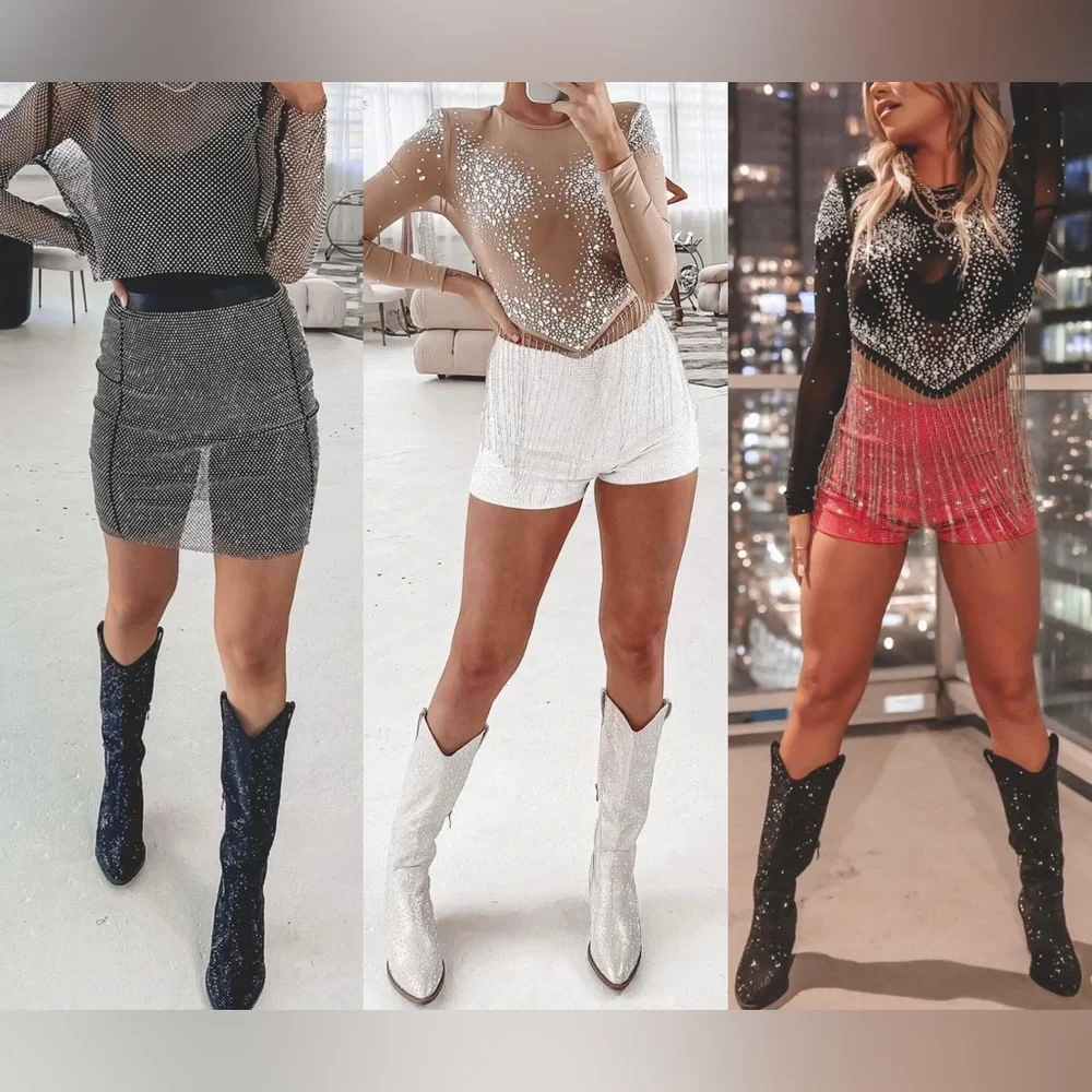 NEW Silver Knee High Western Style Bedazzled Cowboy Boots - Picture 8 of 15